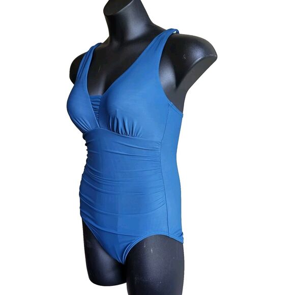 miraclesuit women's Size 10 One-piece swimsuit, Teal Ruched Tummy Control - Picture 3 of 6